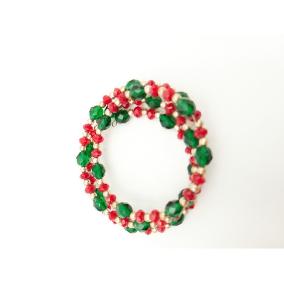 Vintage Red & Green Glass Bead Coil Bracelet Holiday Jewelry Gold Tone Beads - Picture 4 of 5
